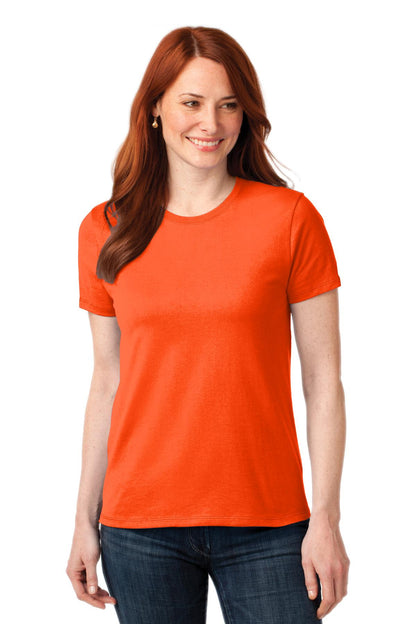 Front View of Safety Orange Port & Co Women's Core Blend Tee. LPC55 plain