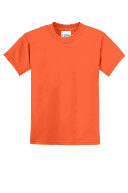 Front View of Safety Orange Port & Co Youth Core Blend Tee. PC55Y plain