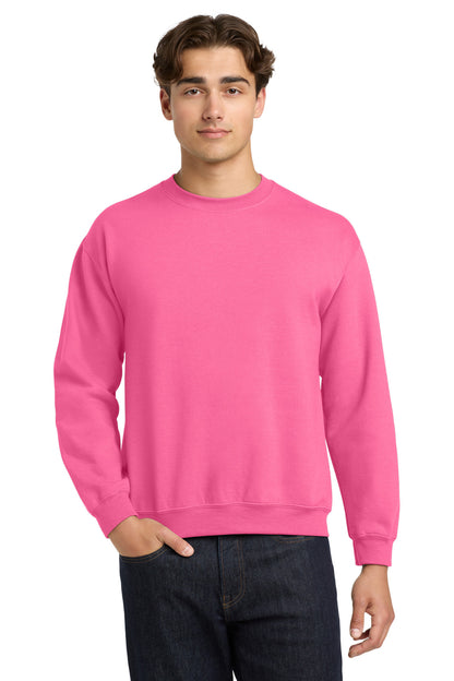 Front View of Safety Pink Gildan Heavy Blend Crewneck Sweatshirt. 18000 plain