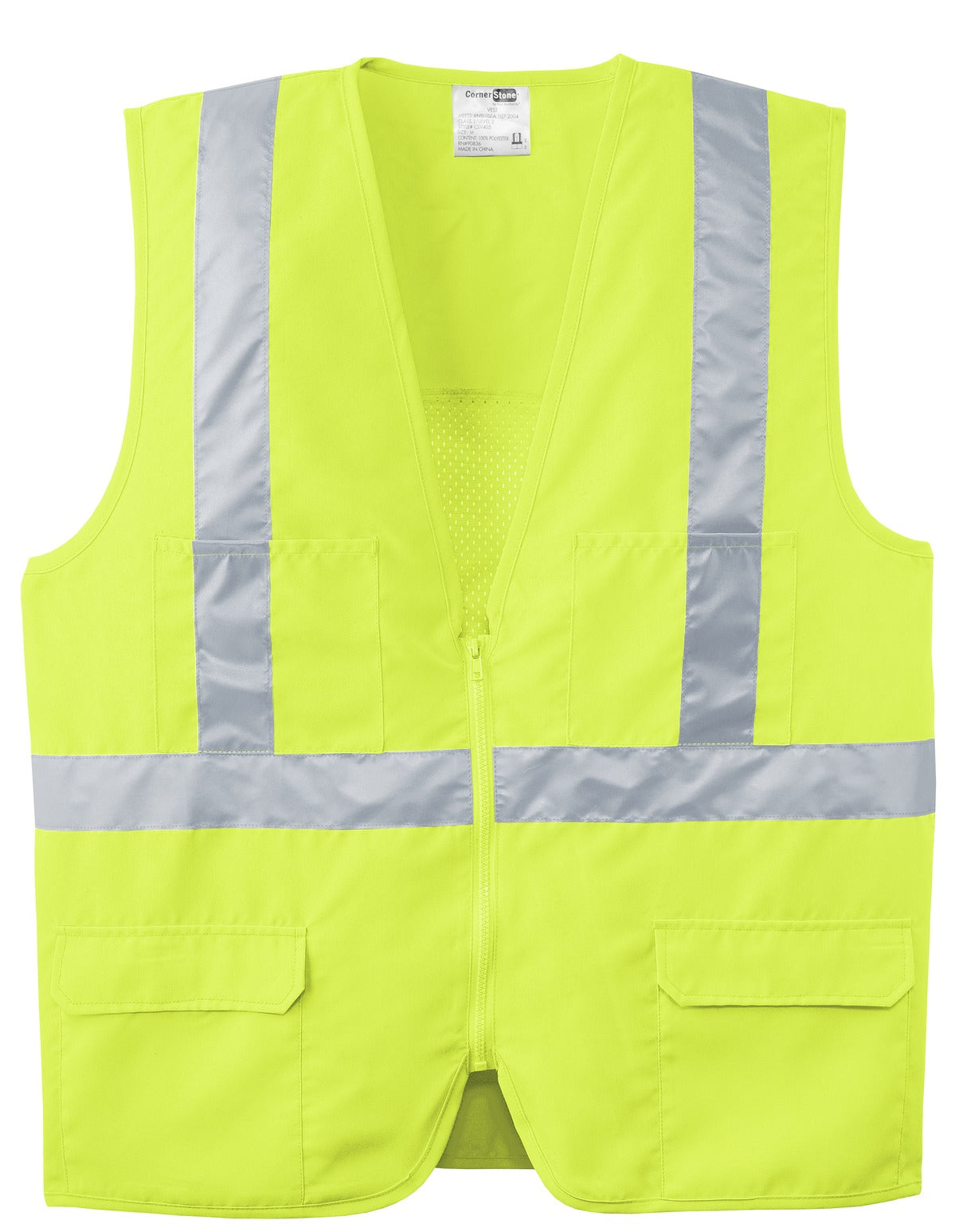 Front View of Safety Yellow CornerStone - ANSI 107 Class 2 Mesh Back Safety Vest. CSV405 plain