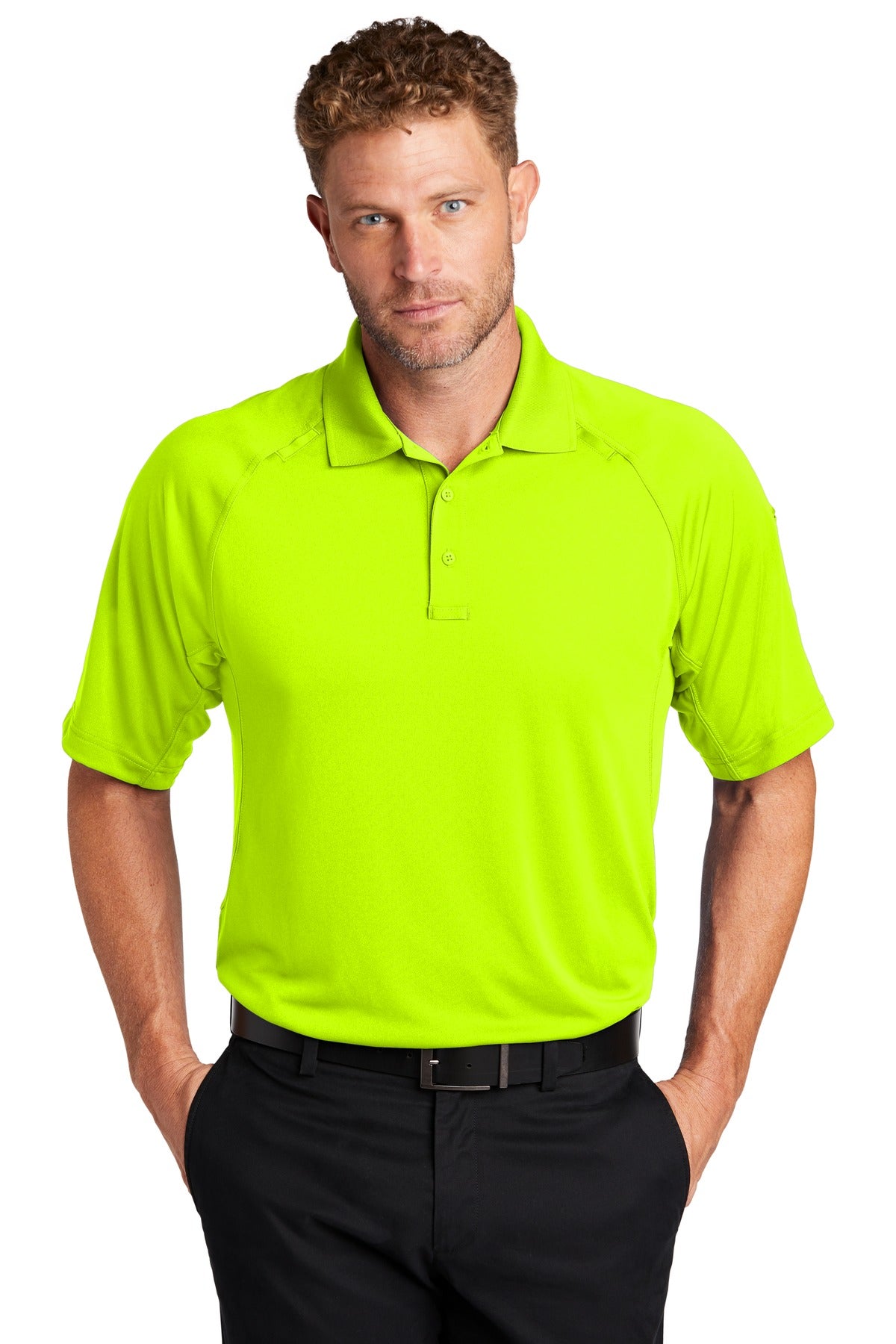 Front View of Safety Yellow CornerStone Select Lightweight Snag-Proof Tactical Polo. CS420 plain