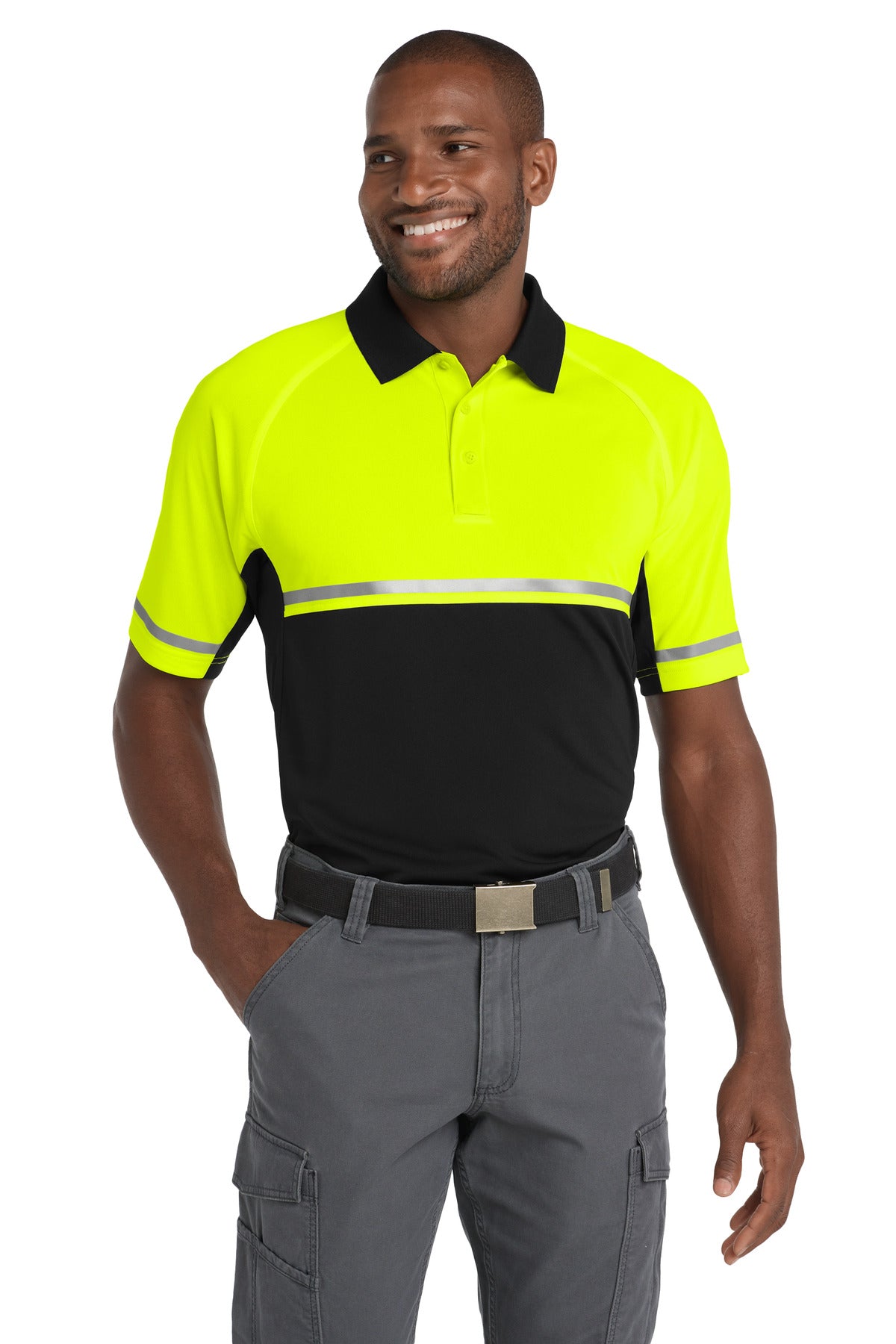 Front View of Safety Ylw/Blk CornerStone Select Lightweight Snag-Proof Enhanced Visibility Polo CS423 plain