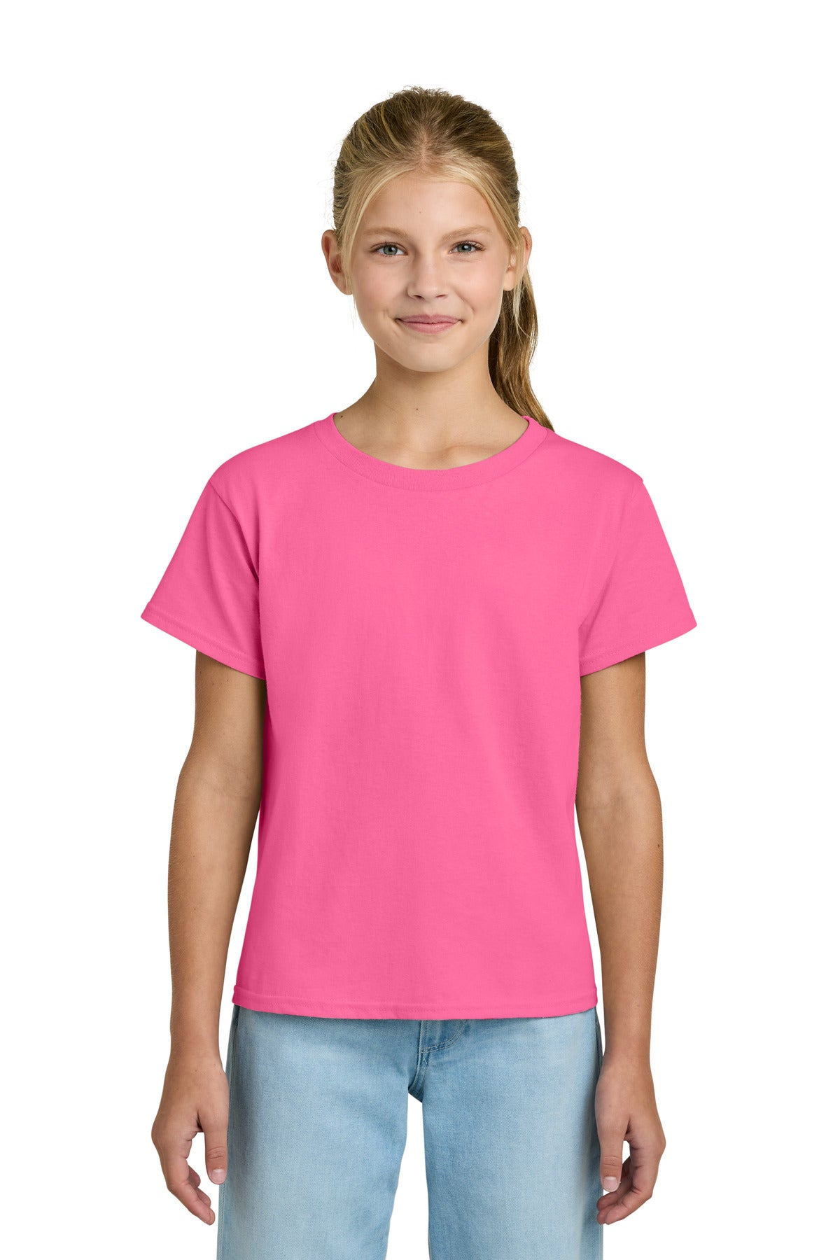 Front View of SafetyPink Gildan Youth Light Cotton Tee 3000B plain