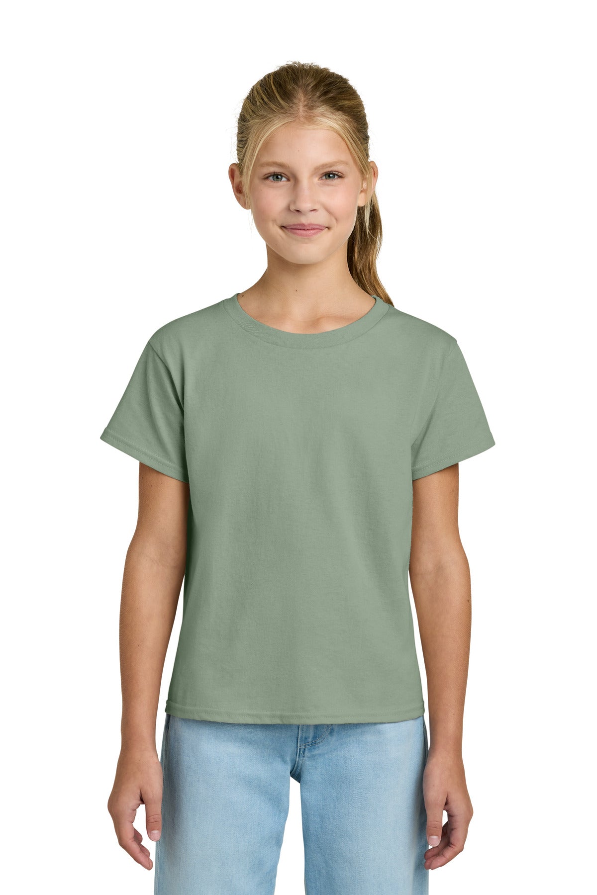 Front View of Sage Gildan Youth Light Cotton Tee 3000B plain