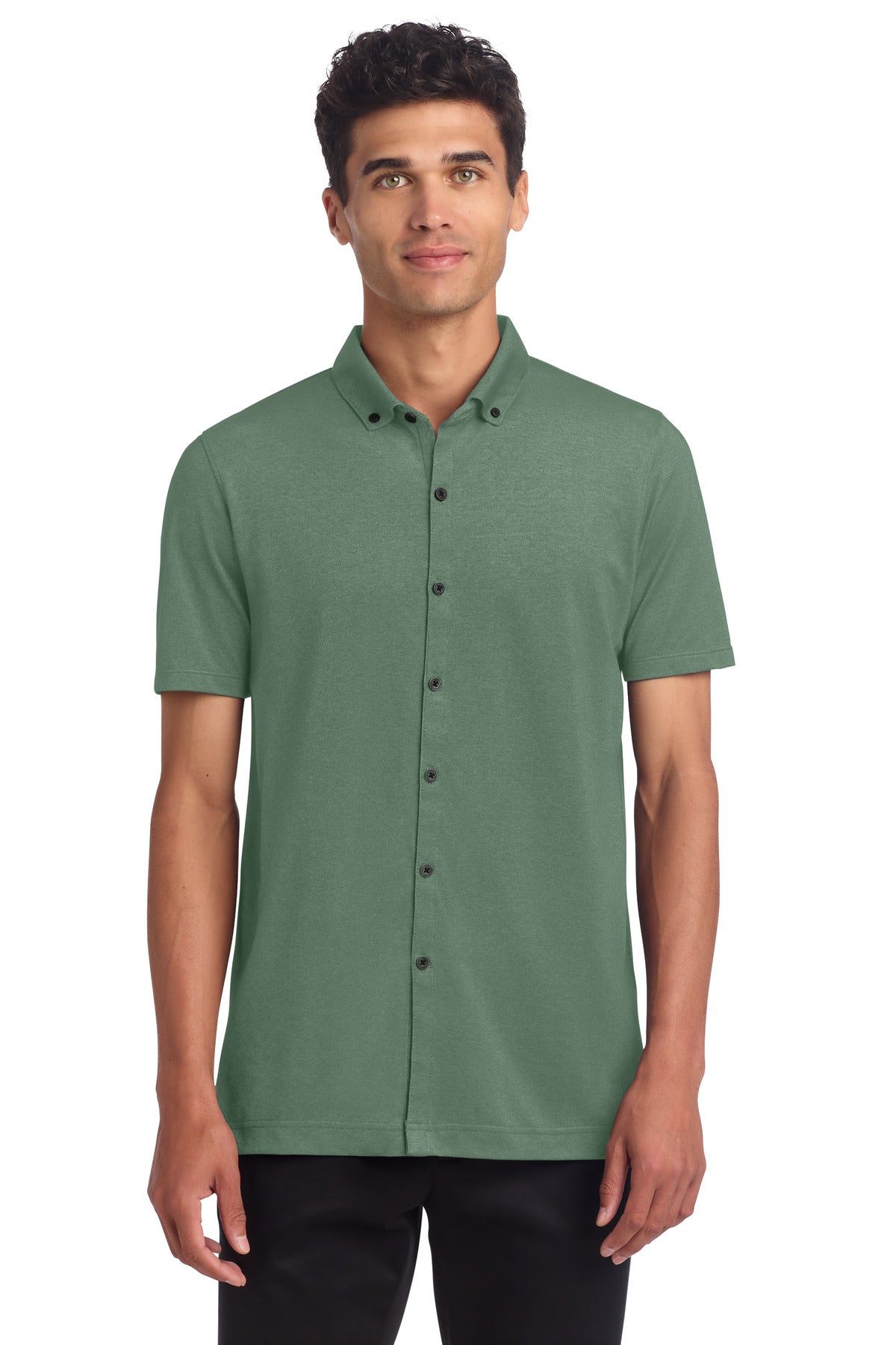 Front View of SageHthr Mercer+Mettle Stretch Pique Full-Button Polo MM1006 plain