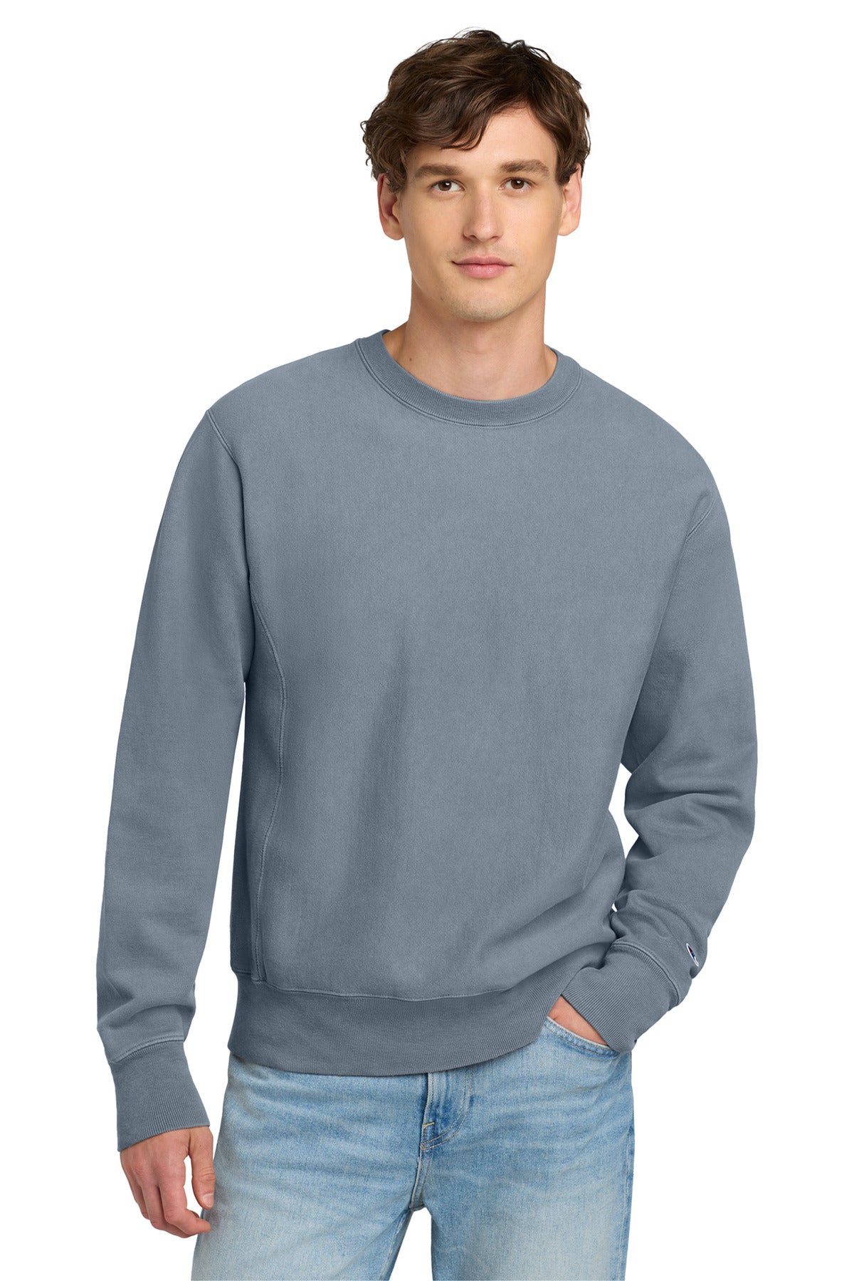 Front View of Saltwater Champion Reverse Weave Garment-Dyed Crewneck Sweatshirt. GDS149 plain