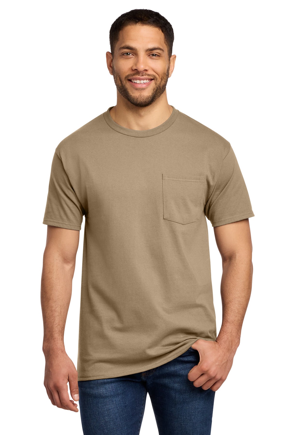 Front View of Sand Port & Co Tall Essential Pocket Tee. PC61PT plain