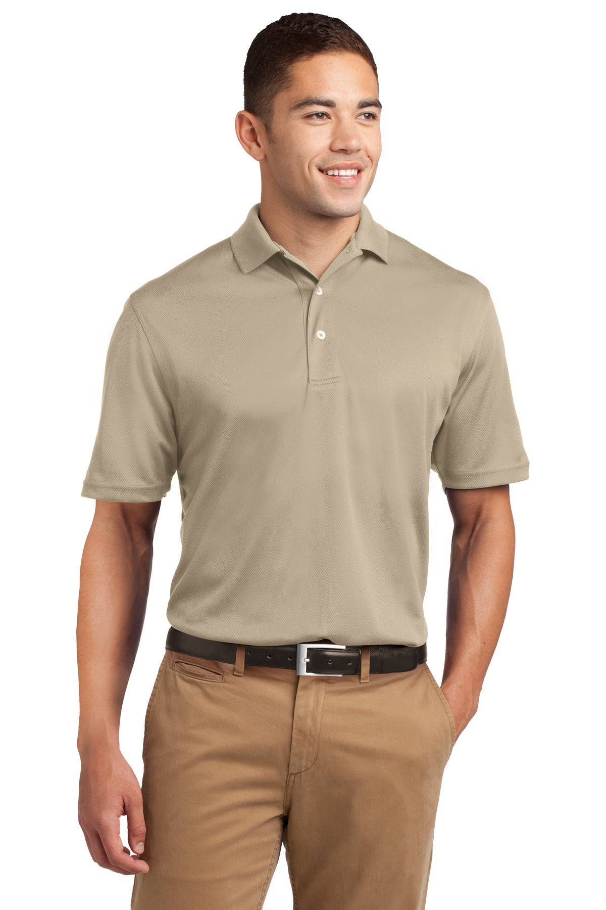 Front View of Sandstone Sport-Tek Dri-Mesh Polo. K469 plain