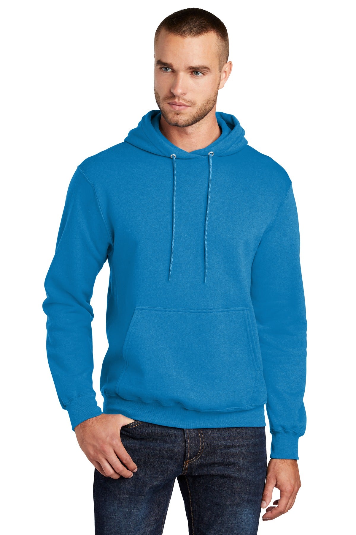 Front View of Sapphire Port & Co Core Fleece Pullover Hooded Sweatshirt. PC78H plain
