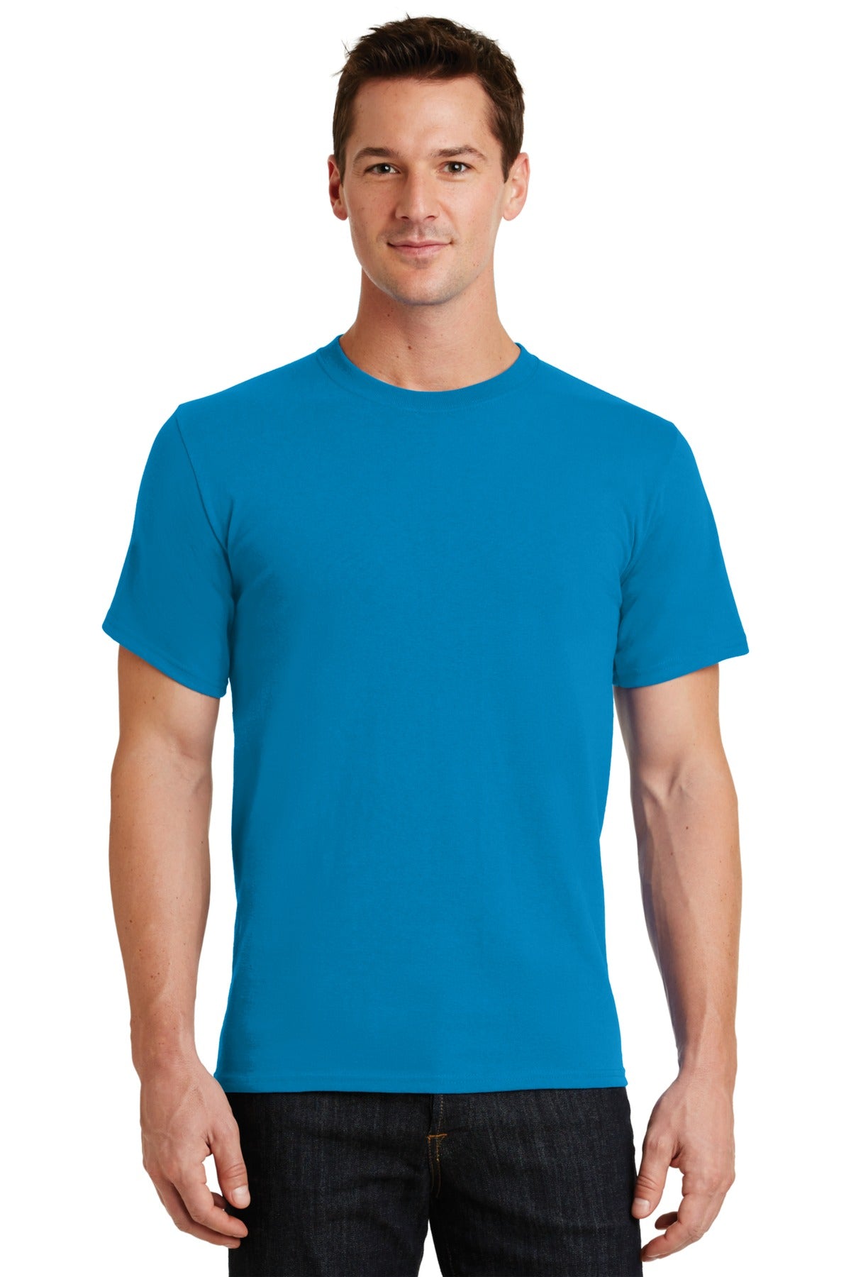 Front View of Sapphire Port & Co Essential Tee. PC61 plain