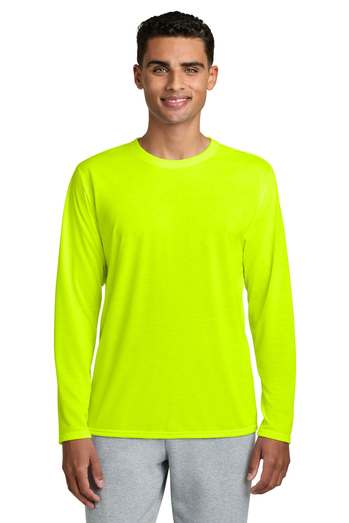 Front View of SftyGrn Gildan Performance Long Sleeve T-Shirt. 42400 plain