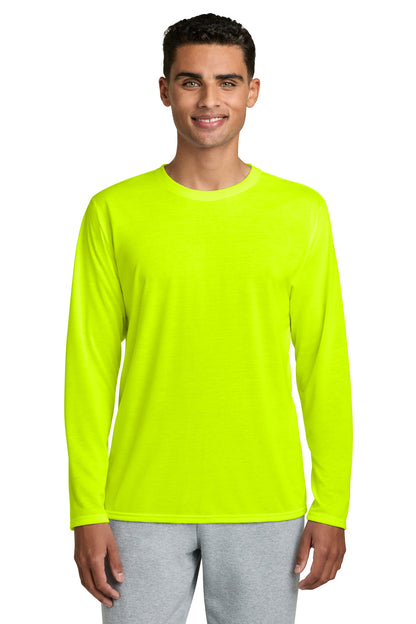 Front View of SftyGrn Gildan Performance Long Sleeve T-Shirt. 42400 plain