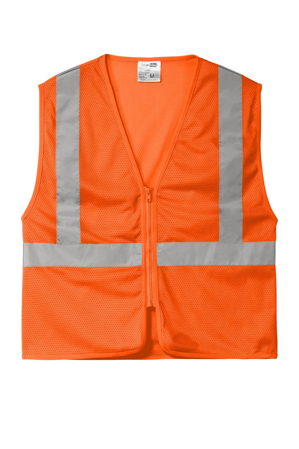 Front View of SftyOrg CornerStone ANSI 107 Class 2 Economy Mesh Zippered Vest. CSV101 plain