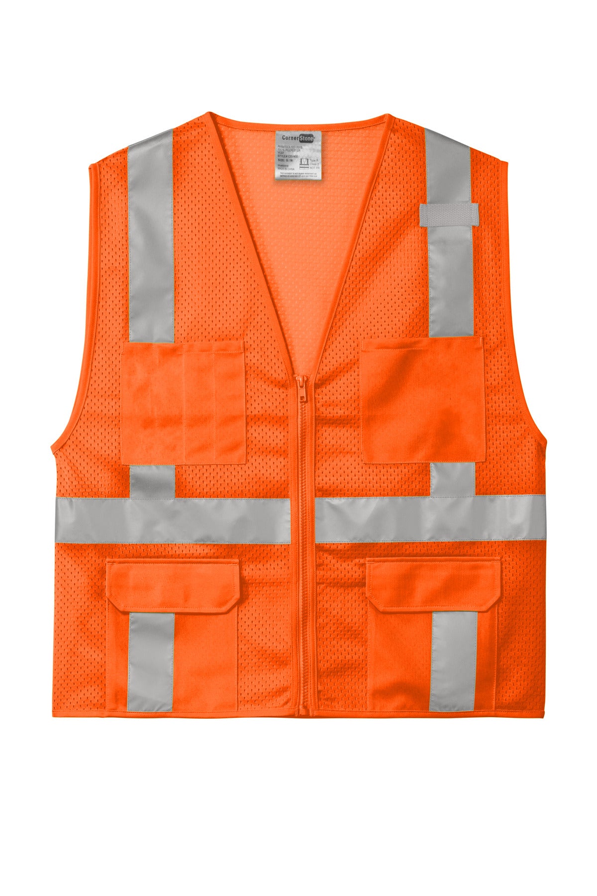 Front View of SftyOrg CornerStone ANSI 107 Class 2 Mesh Six-Pocket Zippered Vest. CSV104 plain