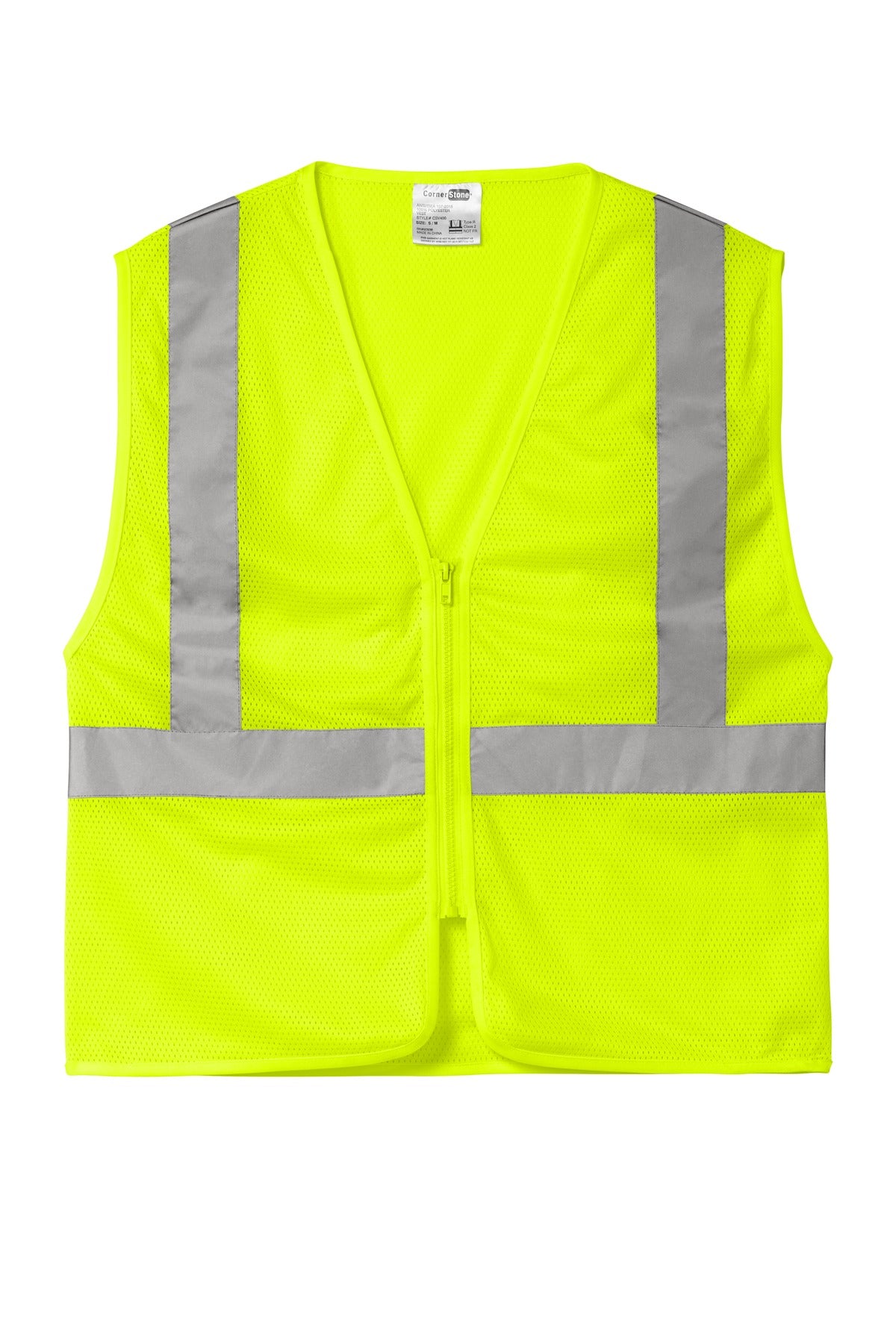 Front View of SftyYellow CornerStone ANSI 107 Class 2 Economy Mesh Zippered Vest. CSV101 plain