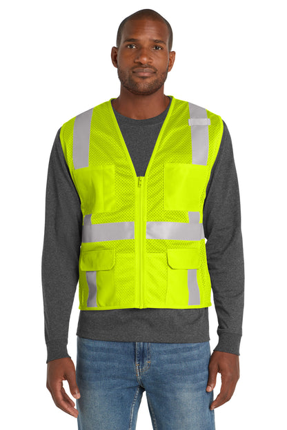 Front View of SftyYellow CornerStone ANSI 107 Class 2 Mesh Six-Pocket Zippered Vest. CSV104 plain