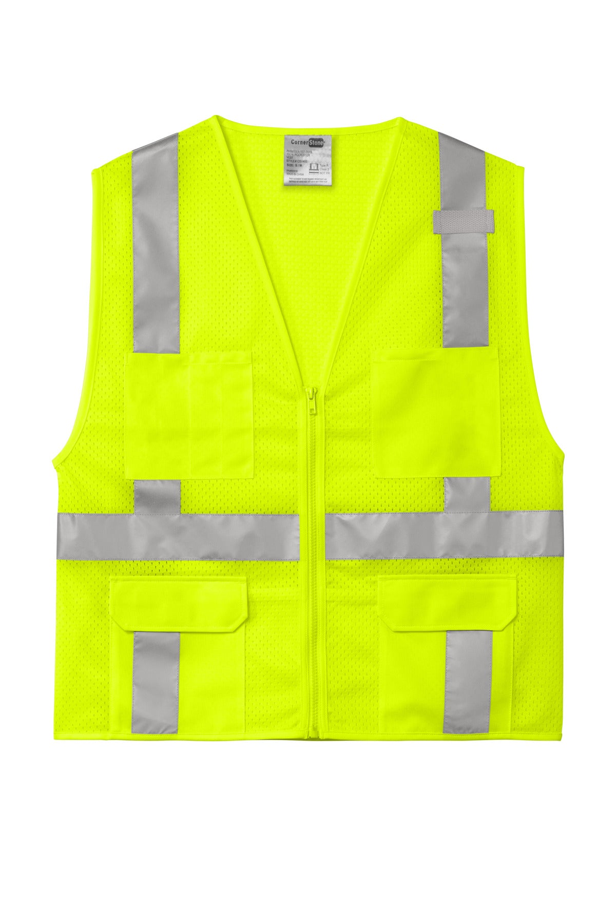 Front View of SftyYellow CornerStone ANSI 107 Class 2 Mesh Six-Pocket Zippered Vest. CSV104 plain