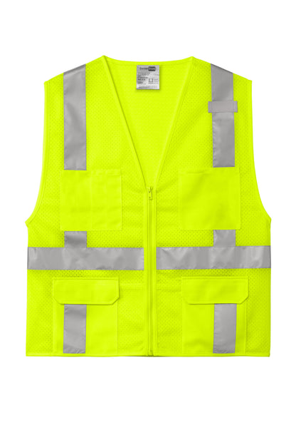 Front View of SftyYellow CornerStone ANSI 107 Class 2 Mesh Six-Pocket Zippered Vest. CSV104 plain