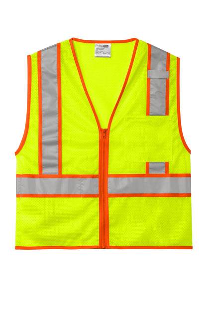 Front View of SftyYellow CornerStone ANSI 107 Class 2 Mesh Zippered Two-Tone Vest. CSV103 plain