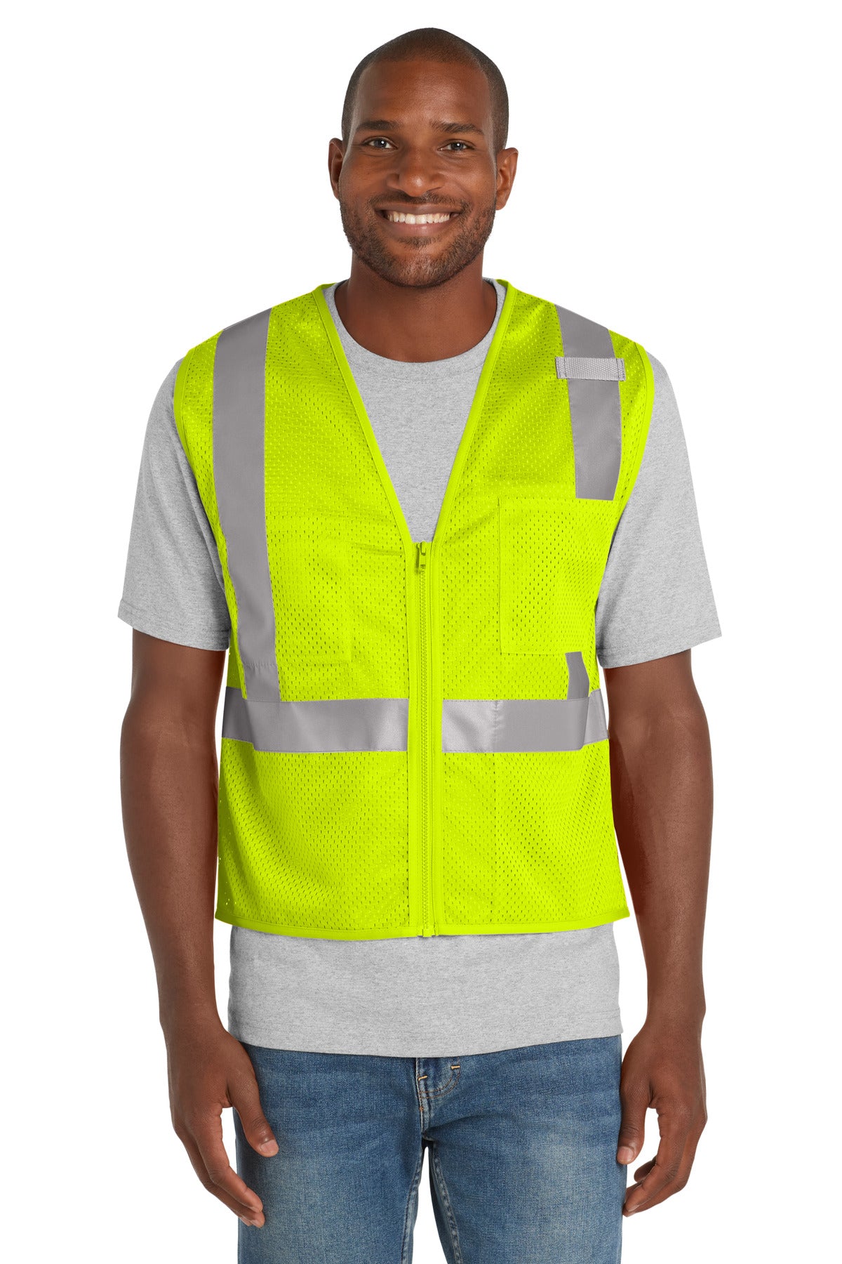 Front View of SftyYellow CornerStone ANSI 107 Class 2 Mesh Zippered Vest. CSV102 plain