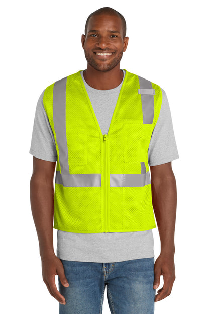 Front View of SftyYellow CornerStone ANSI 107 Class 2 Mesh Zippered Vest. CSV102 plain