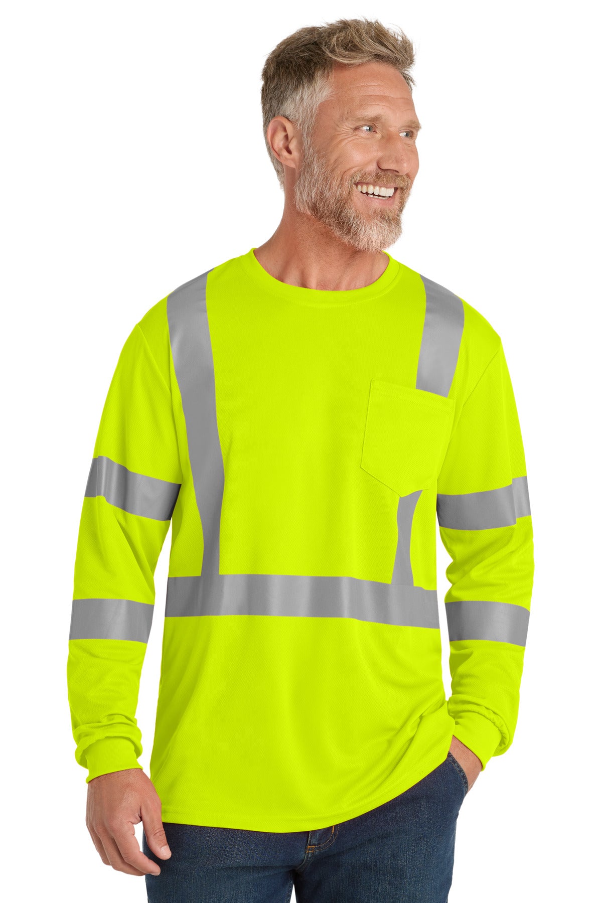 Front View of SftyYellow CornerStone ANSI 107 Class 3 Mesh Long Sleeve Tee. CS203 plain