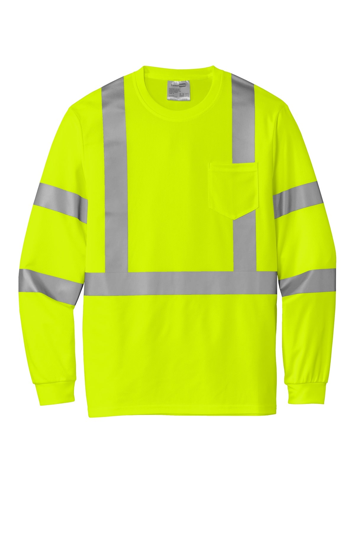Front View of SftyYellow CornerStone ANSI 107 Class 3 Mesh Long Sleeve Tee. CS203 plain