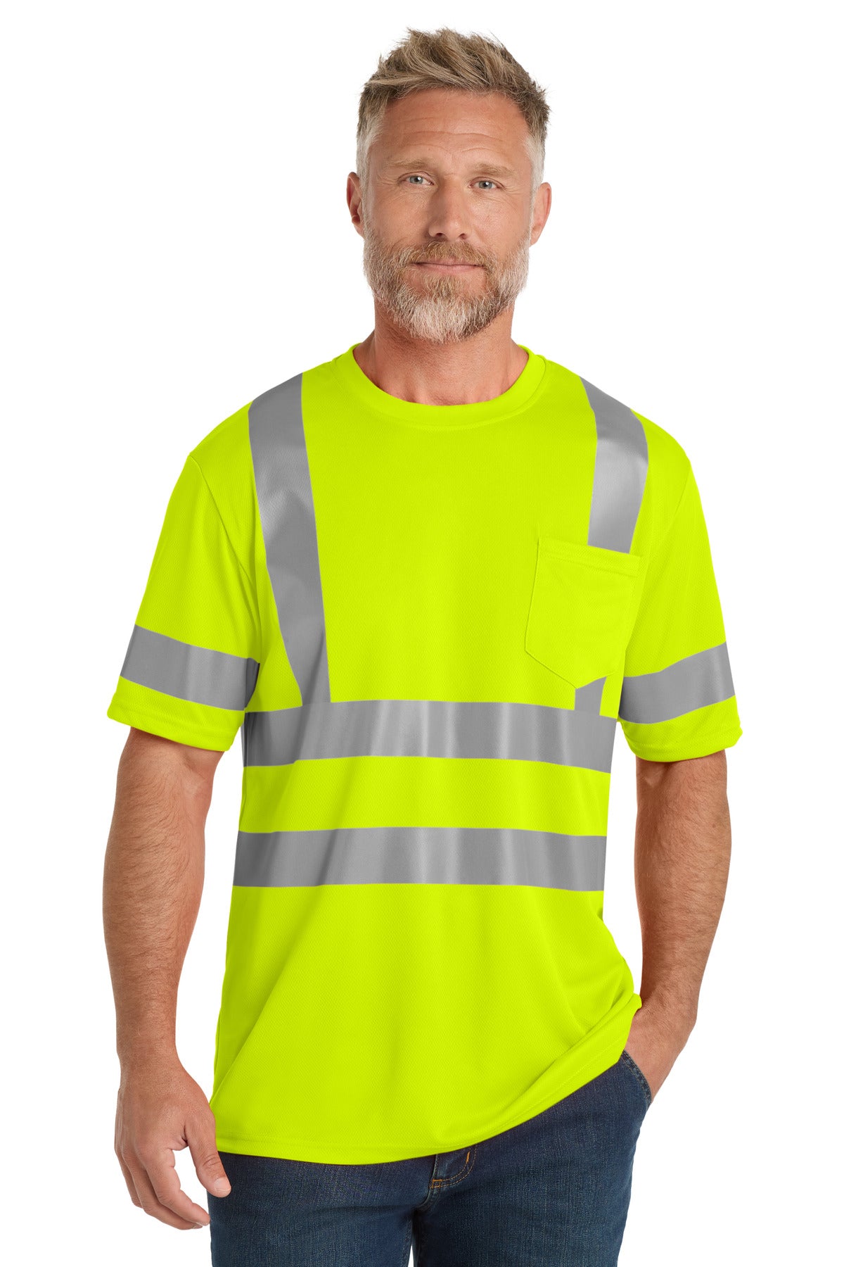Front View of SftyYellow CornerStone ANSI 107 Class 3 Mesh Tee. CS202 plain