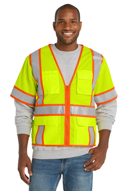 Front View of SftyYellow CornerStone ANSI 107 Class 3 Surveyor Mesh Zippered Two-Tone Short Sleeve Vest. CSV106 plain