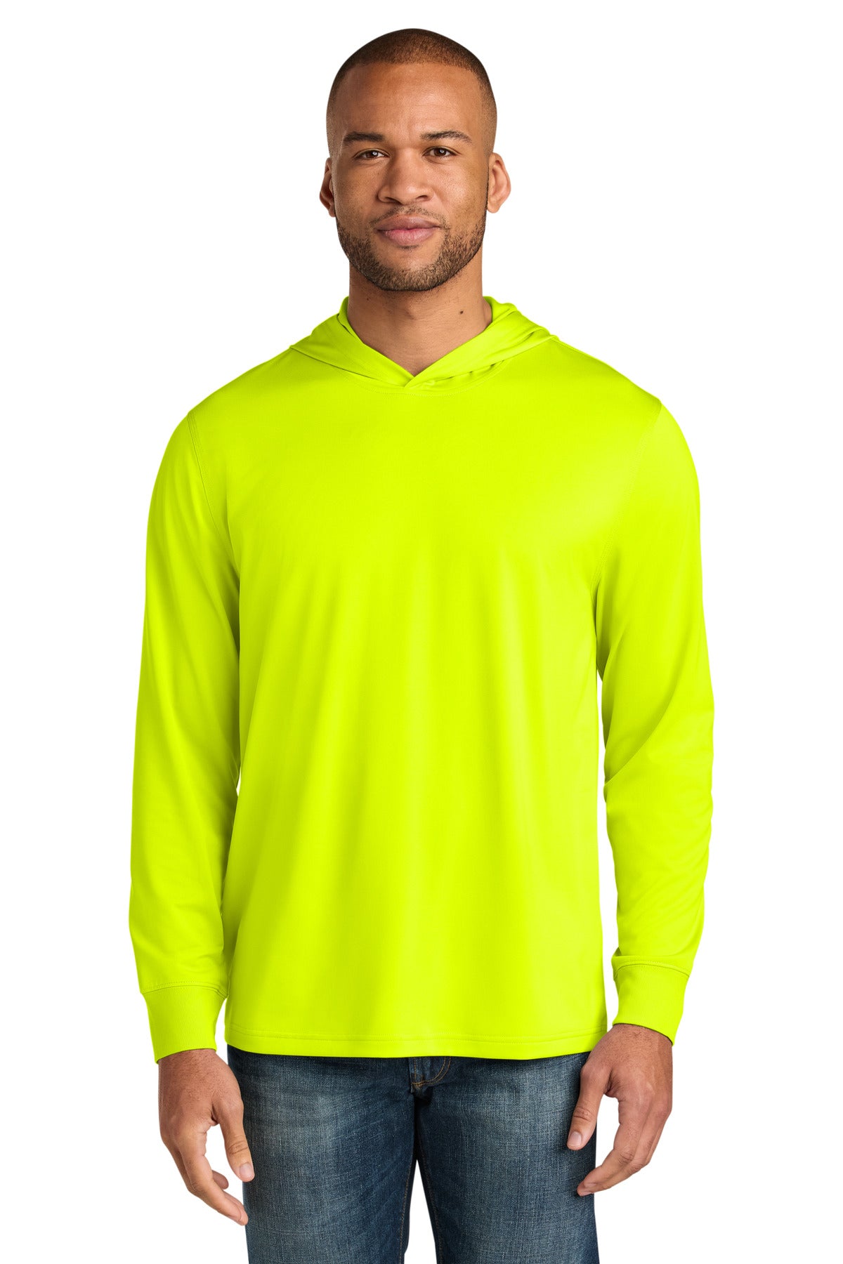 Front View of SftyYellow CornerStone Workwear Pro Long Sleeve Hooded Tee CS440LSH plain