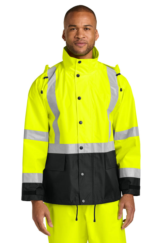Front View of SftyYl/Blk CornerStone ANSI 107 Class 3 Rain Jacket CSJ504 plain