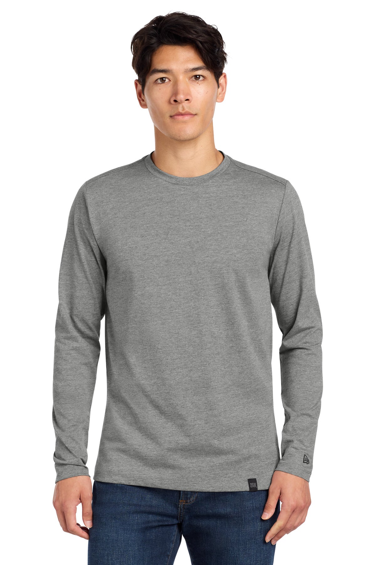 Front View of Shadow Grey He New Era Heritage Blend Long Sleeve Crew Tee. NEA102 plain