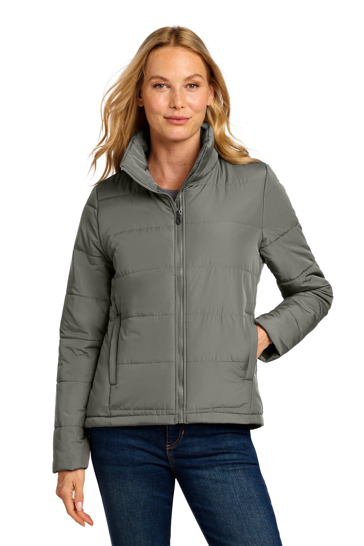 Front View of ShadowGrey Port Authority Women's Puffer Jacket L852 plain