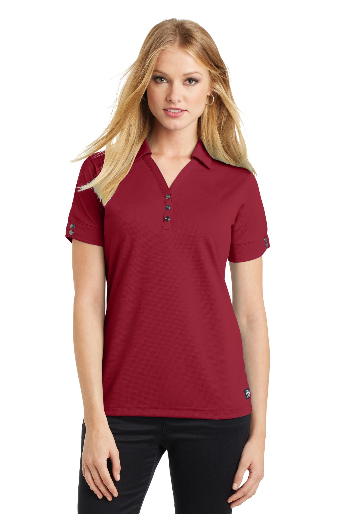 Front View of Signal Red OGIO - Glam Polo. LOG105 plain