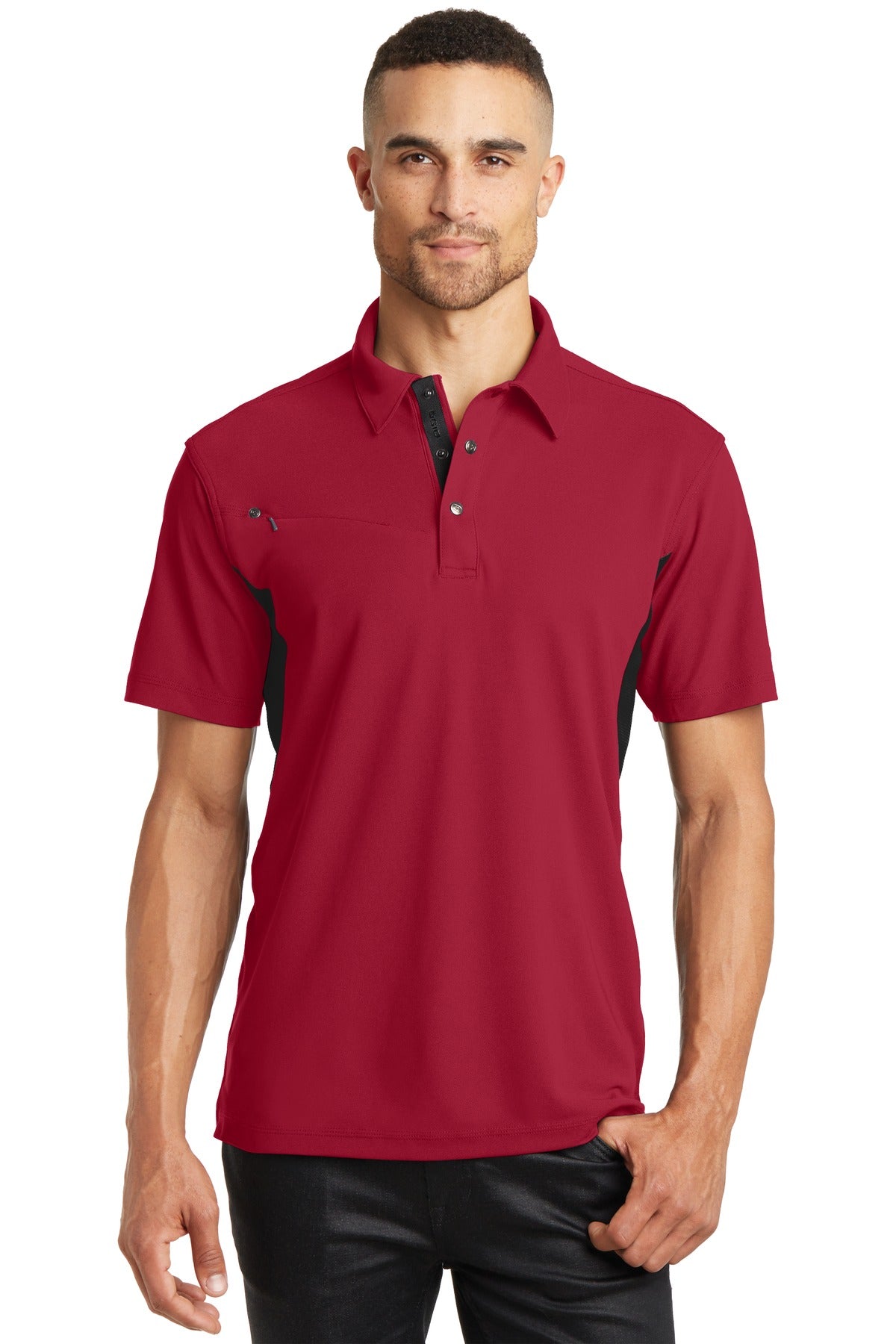 Front View of Signal Red/Bkt OGIO - Accelerator Polo. OG102 plain