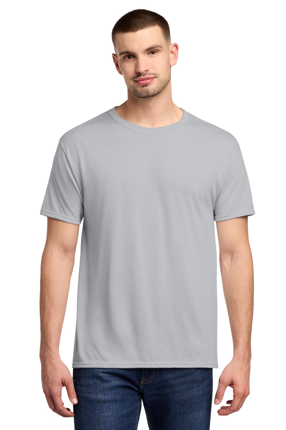 Front View of Silver Jerzees Dri-Power 100% Polyester T-Shirt. 21M plain