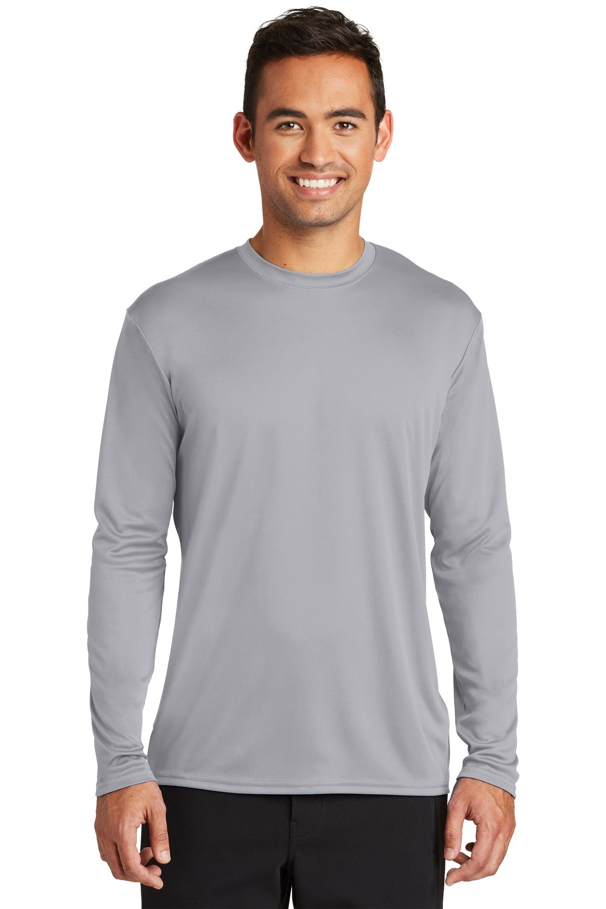 Front View of Silver Port & Co Long Sleeve Performance Tee. PC380LS plain