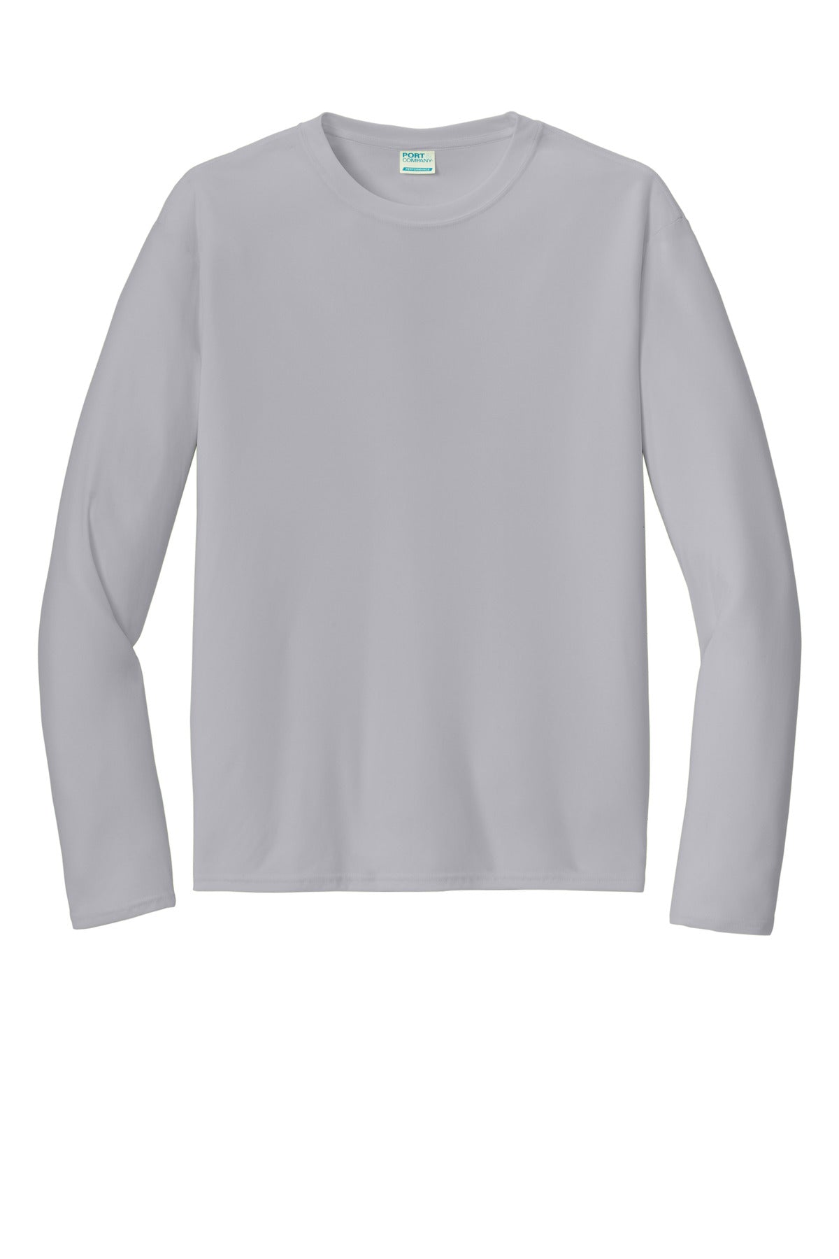 Front View of Silver Port & Co Long Sleeve Performance Tee. PC380LS plain
