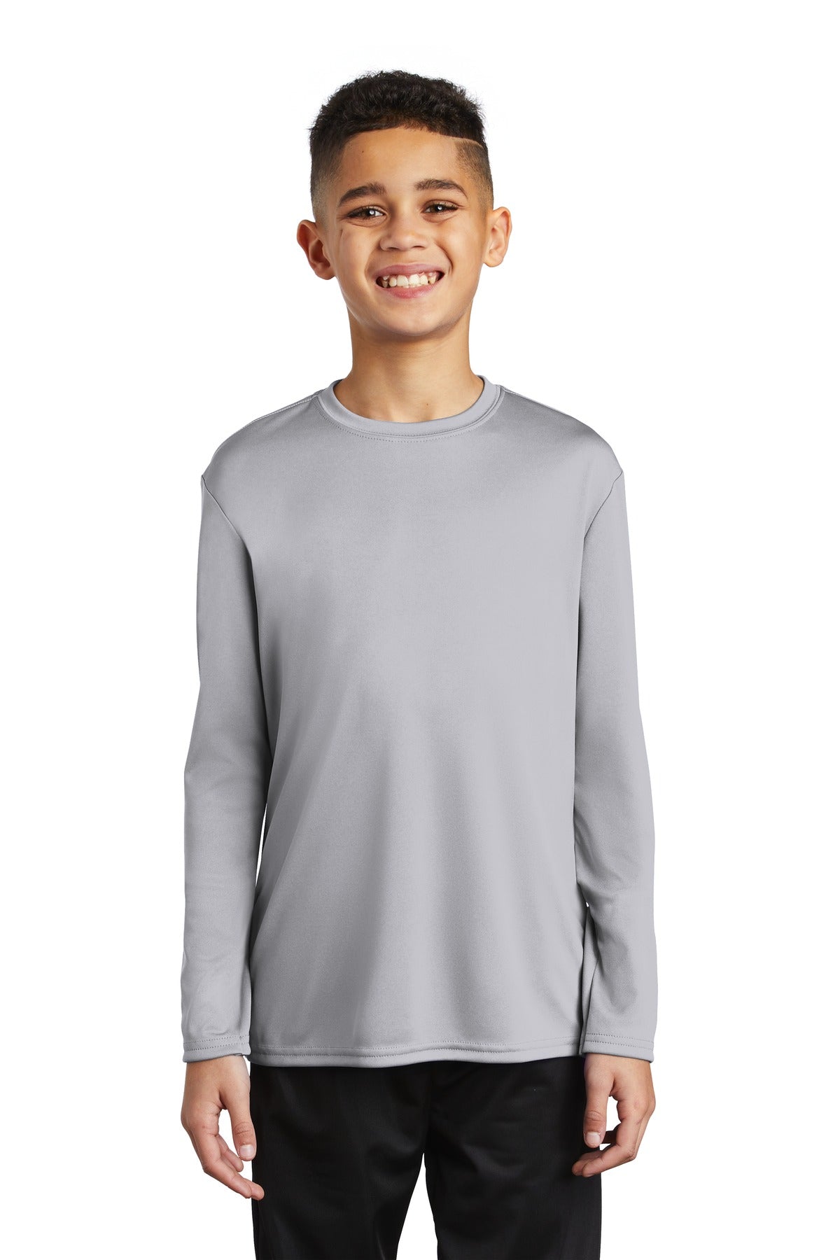 Front View of Silver Port & Co Youth Long Sleeve Performance Tee PC380YLS plain