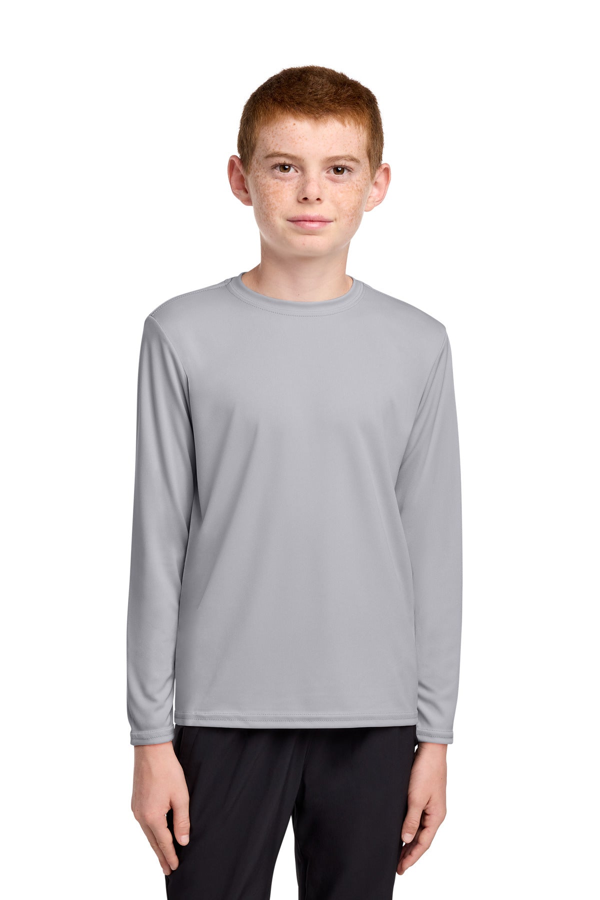 Front View of Silver Port & Co Youth Long Sleeve Performance Tee PC380YLS plain