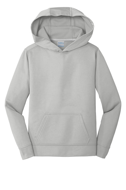 Front View of Silver Port & Co Youth Performance Fleece Pullover Hooded Sweatshirt. PC590YH plain