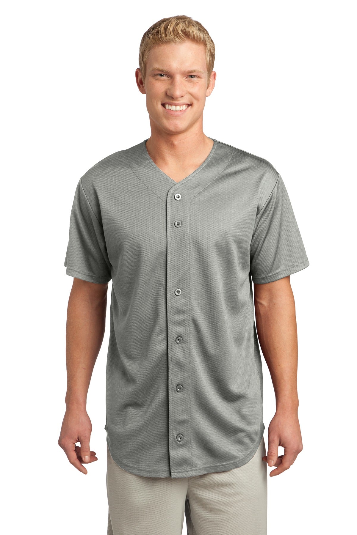Front View of Silver Sport-Tek PosiCharge Tough Mesh Full-Button Jersey. ST220 plain