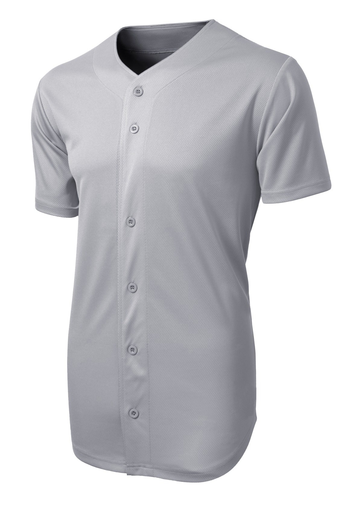 Front View of Silver Sport-Tek PosiCharge Tough Mesh Full-Button Jersey. ST220 plain