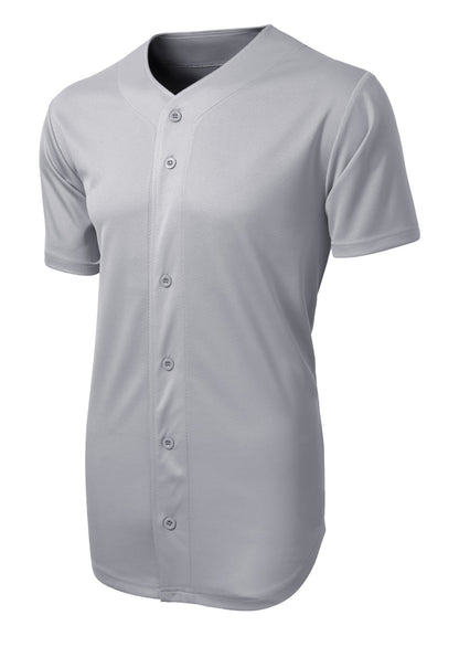 Front View of Silver Sport-Tek PosiCharge Tough Mesh Full-Button Jersey. ST220 plain