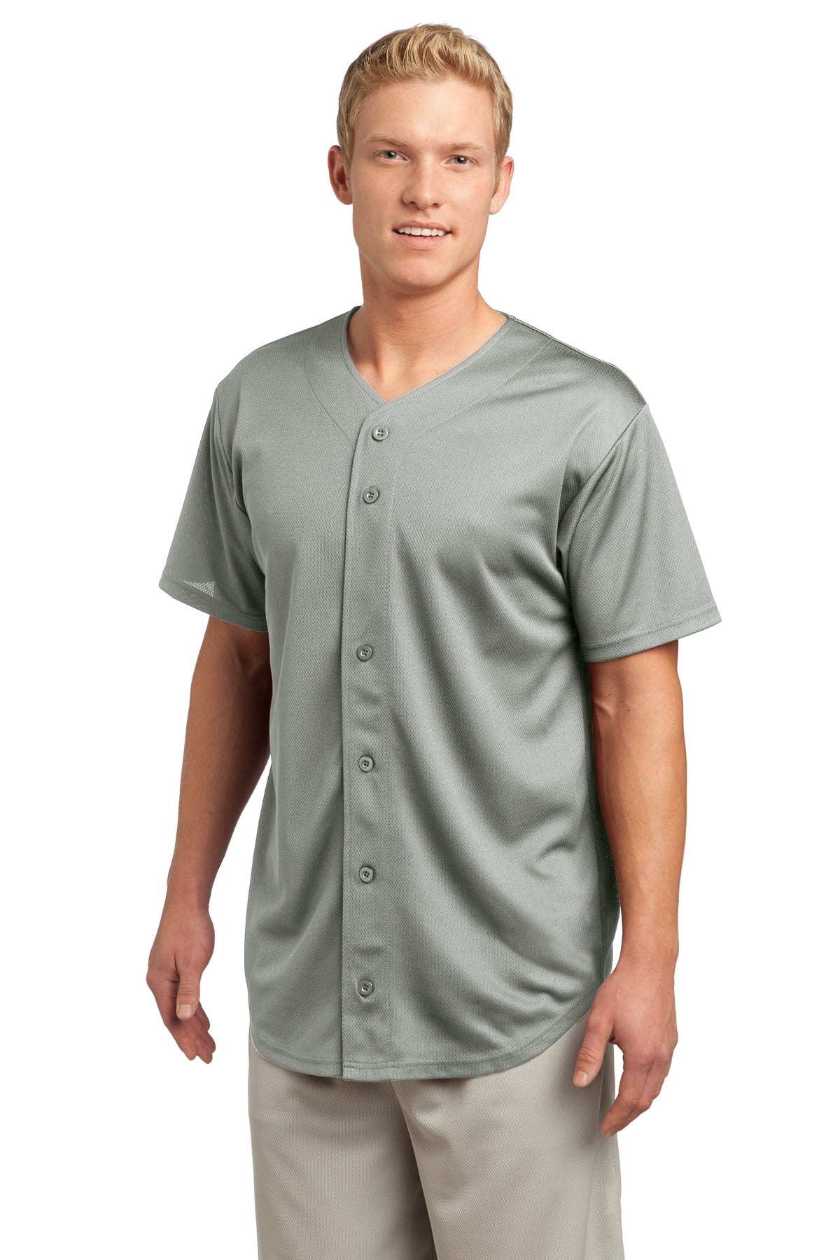 Front View of Silver Sport-Tek PosiCharge Tough Mesh Full-Button Jersey. ST220 plain