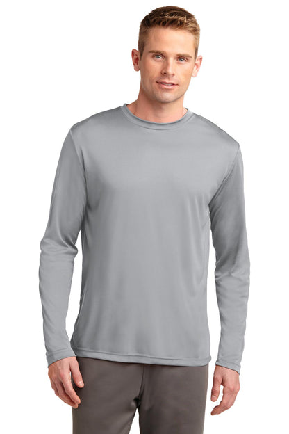Front View of Silver Sport-Tek Tall Long Sleeve PosiCharge Competitor Tee. TST350LS plain
