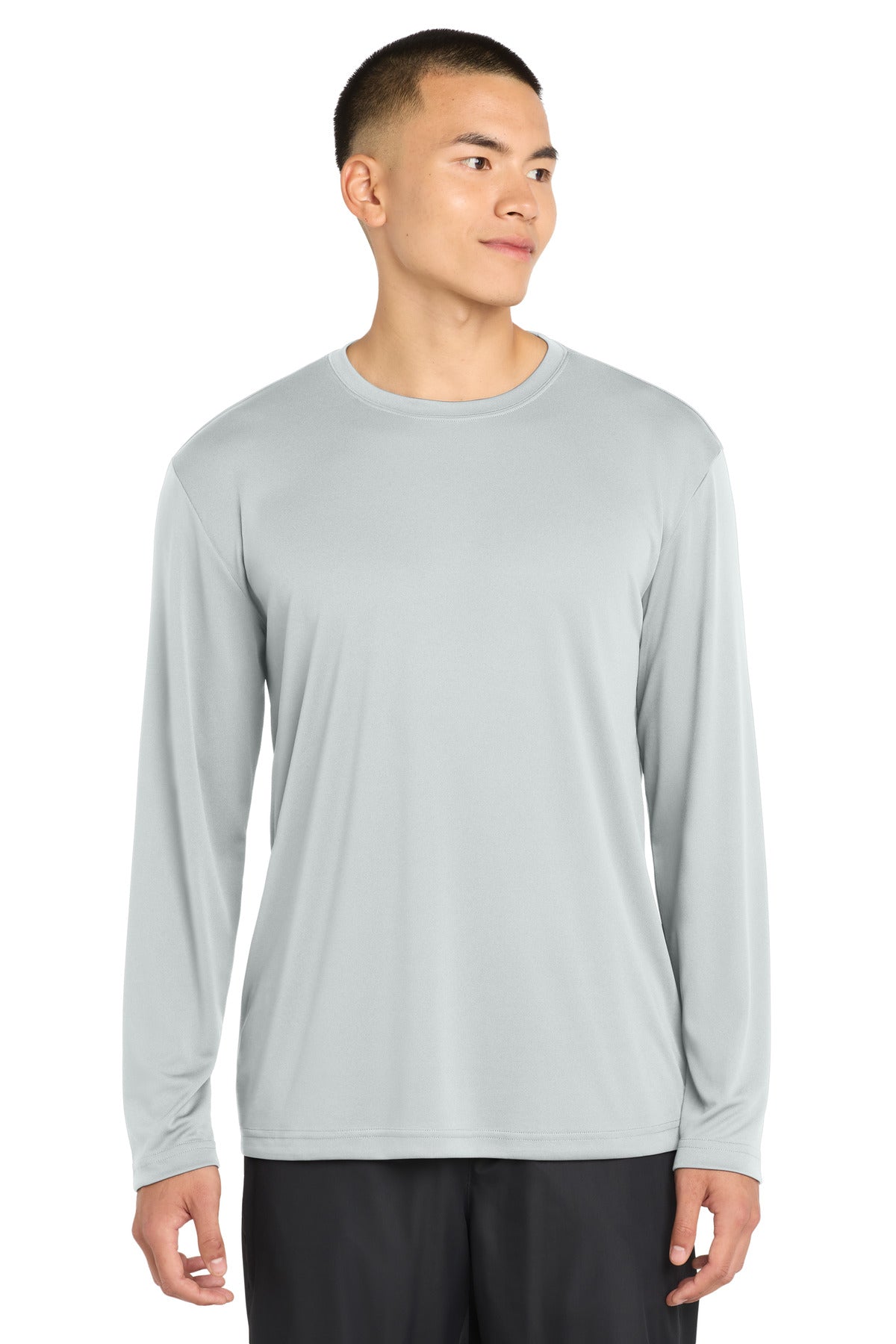 Front View of Silver Sport-Tek Tall Long Sleeve PosiCharge Competitor Tee. TST350LS plain