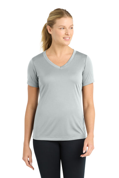 Front View of Silver Sport-Tek Women's PosiCharge Competitor V-Neck Tee. LST353 plain
