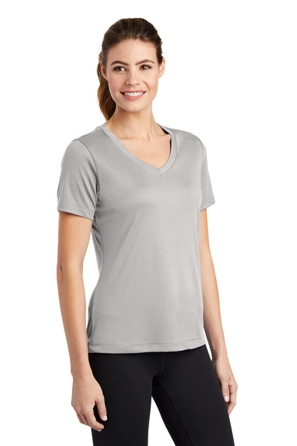 Front View of Silver Sport-Tek Women's PosiCharge Competitor V-Neck Tee. LST353 plain