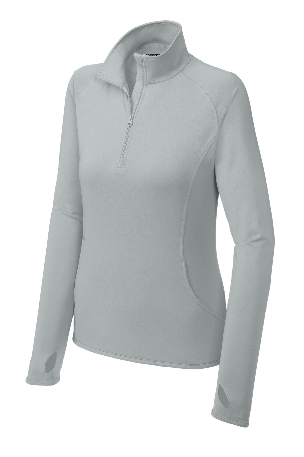 Front View of Silver Sport-Tek Women's Sport-Wick Stretch 1/4-Zip Pullover. LST850